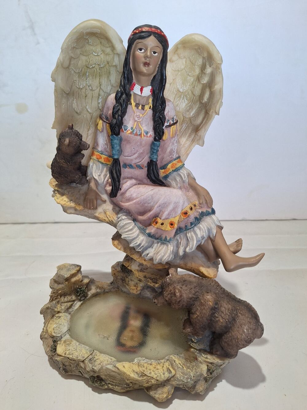 Vintage Native American Angel Woman Bears Mirrored Look Pond Resin Figurine 9.5"